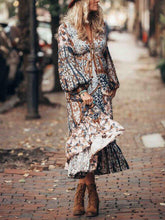 Load image into Gallery viewer, Women Bohemian V-Neck Puff Sleeve Printed Maxi Dress