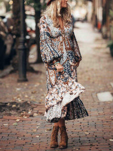 Women Bohemian V-Neck Puff Sleeve Printed Maxi Dress