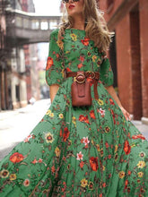 Load image into Gallery viewer, Women Floral Round Neck Sleeve Holiday Maxi Dress