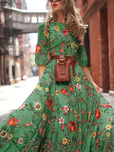 Women Floral Round Neck Sleeve Holiday Maxi Dress