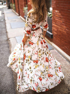 Women Floral Round Neck Sleeve Holiday Maxi Dress