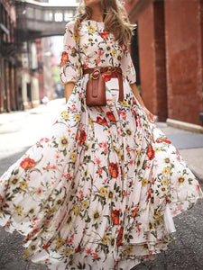 Women Floral Round Neck Sleeve Holiday Maxi Dress