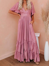 Load image into Gallery viewer, Women Bohemian V-Neck Short Sleeve Loose Solid Color Maxi Dress