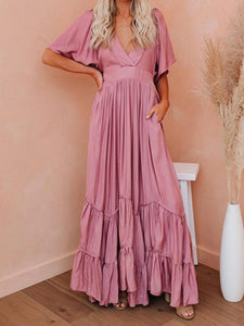 Women Bohemian V-Neck Short Sleeve Loose Solid Color Maxi Dress