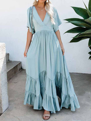 Women Bohemian V-Neck Short Sleeve Loose Solid Color Maxi Dress