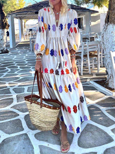 Women Bohemian V-Neck Long Sleeve Loose Printed Maxi Dress