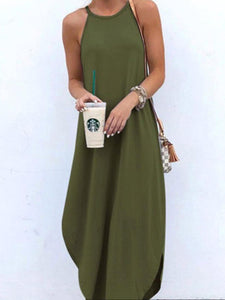 Women Bohemian Spaghetti Strap Solid Color Maxi Dress