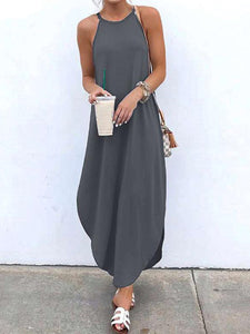 Women Bohemian Spaghetti Strap Solid Color Maxi Dress