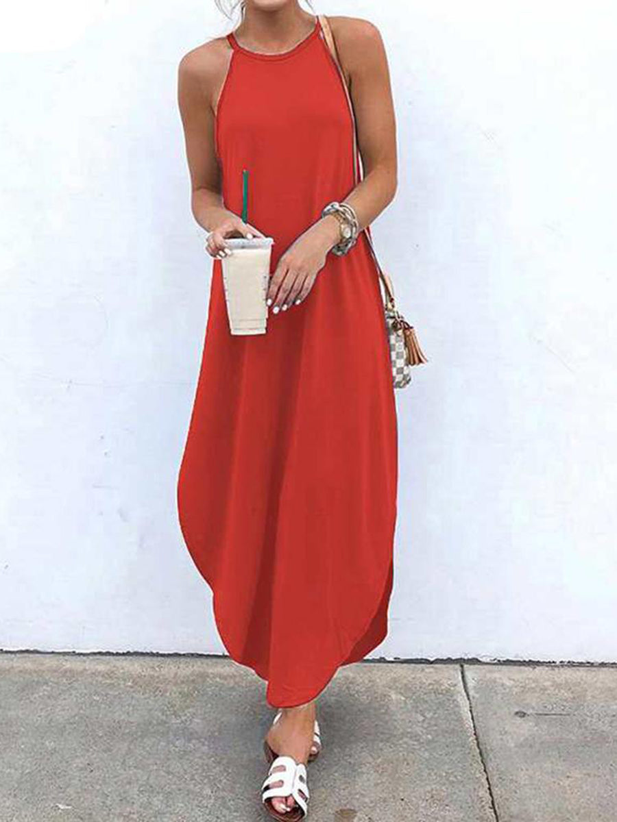 Women Bohemian Spaghetti Strap Solid Color Maxi Dress