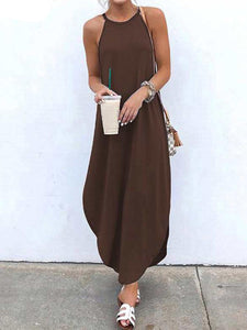 Women Bohemian Spaghetti Strap Solid Color Maxi Dress