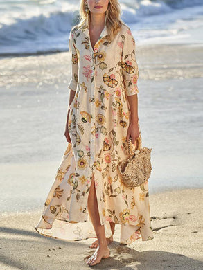 Women Bohemian Long Sleeve Floral Pockets Maxi Dress