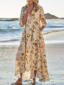 Women Bohemian Long Sleeve Floral Pockets Maxi Dress