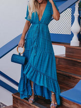 Load image into Gallery viewer, Women Bohemian Solid Color V-Neck Short Sleeve Elegant Maxi Dress