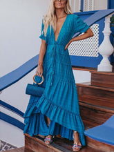 Load image into Gallery viewer, Women Bohemian Solid Color V-Neck Short Sleeve Elegant Maxi Dress