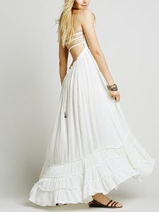 Women Bohemian Solid Color Halter Backless Maxi Dress