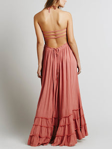 Women Bohemian Solid Color Halter Backless Maxi Dress