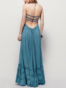 Women Bohemian Solid Color Halter Backless Maxi Dress