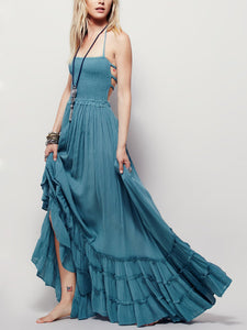 Women Bohemian Solid Color Halter Backless Maxi Dress