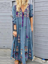 Load image into Gallery viewer, Women Bohemian Long Sleeve V-Neck Print Drawstring Lace-Up Maxi Dress