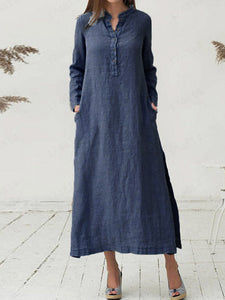 Women's Casual Loose Long-sleeved Solid Color Cotton Linen Shirt Dress